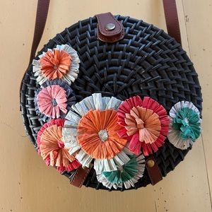 Navy wicker and raffia flowered long strap/ cross body bag